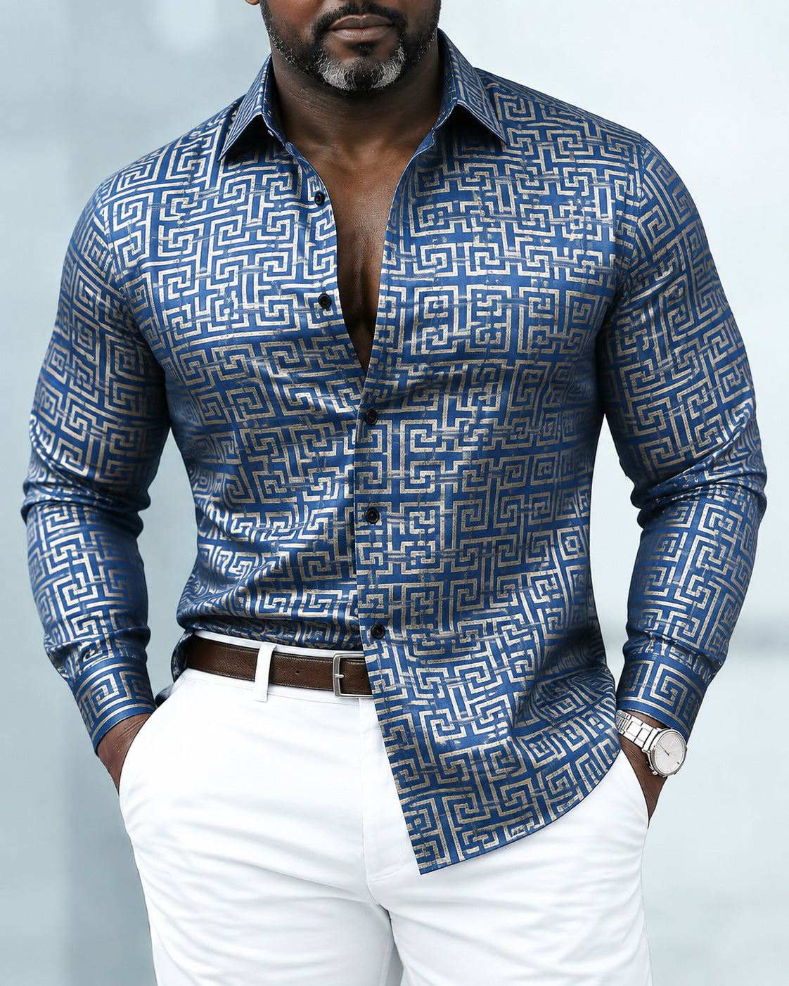 Big & Tall Men's Greek Key Geometric Totem Print Long Sleeve Shirt