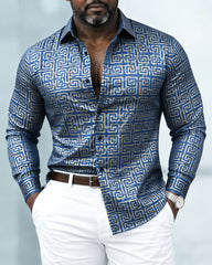 Big & Tall Men's Greek Key Geometric Totem Print Long Sleeve Shirt