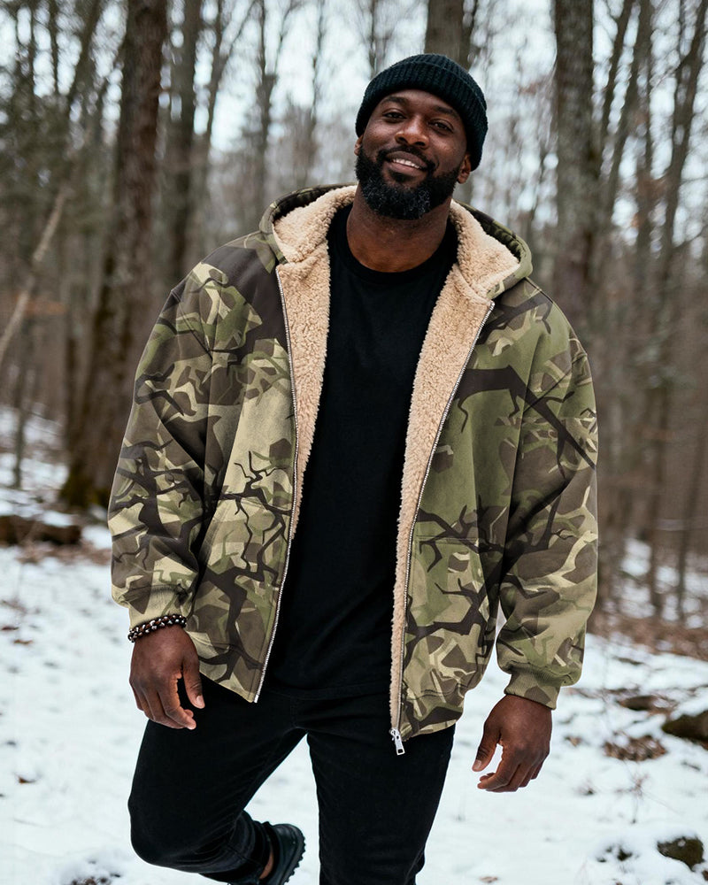 Big & Tall Men's Hunting Style Branch Camouflage Print Velvet Thickened Zipper Cardigan Hoodie