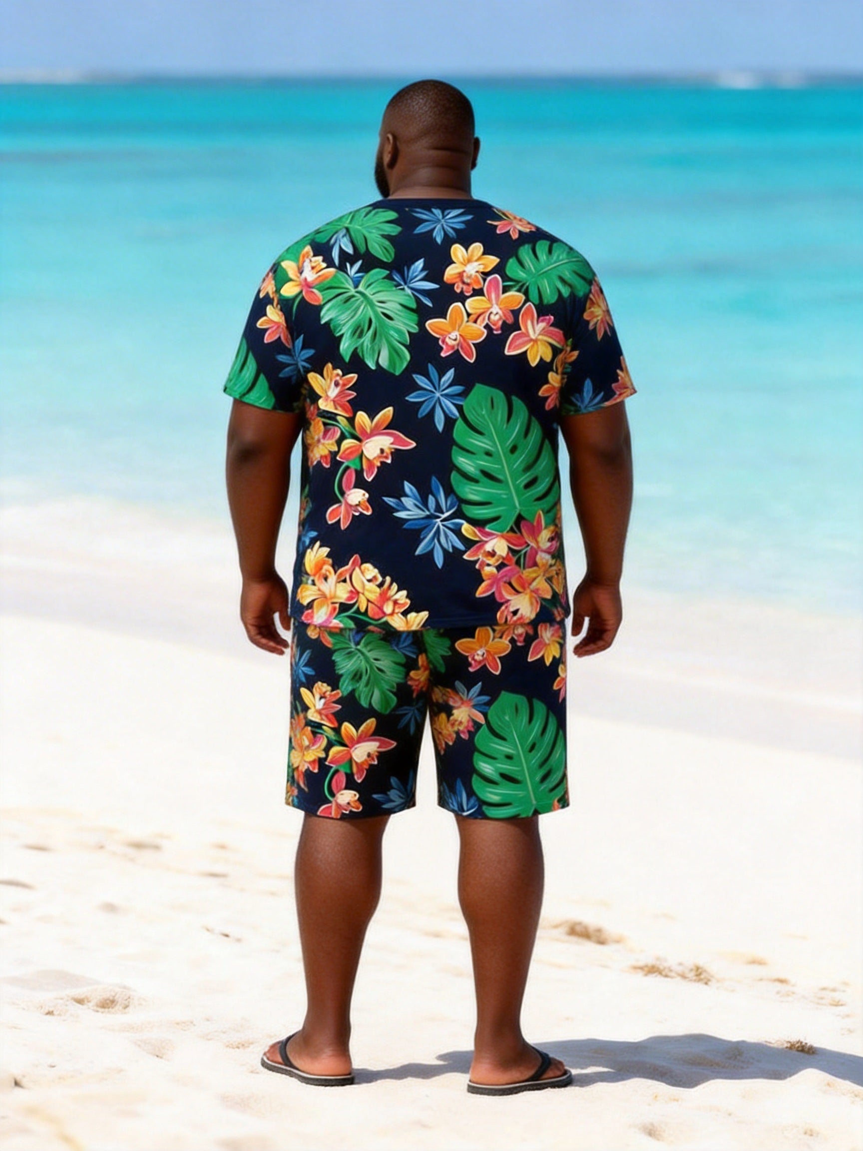 Big & Tall Men's Tropical Floral Tortoise Leaf Printed Round Neck Short Sleeve T-Shirt Shorts Set