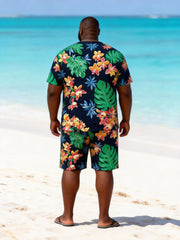 Big & Tall Men's Tropical Floral Tortoise Leaf Printed Round Neck Short Sleeve T-Shirt Shorts Set