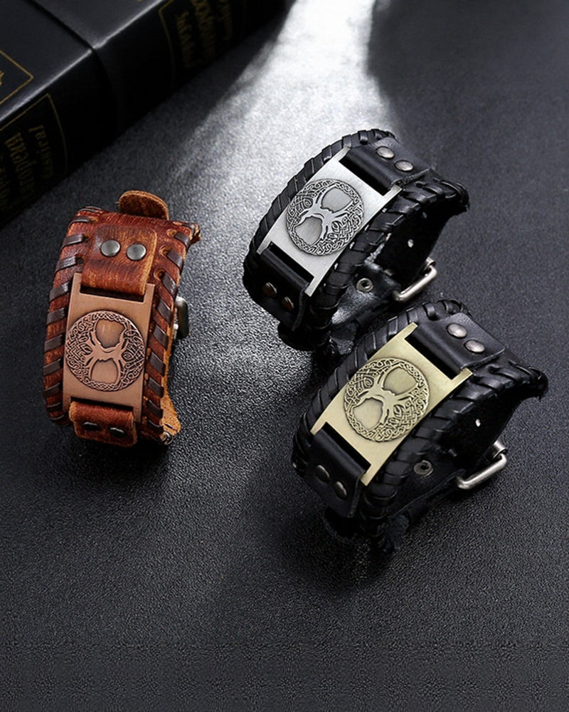 Viking Totem Lucky Tree Cowhide Woven Wide Leather Bracelet