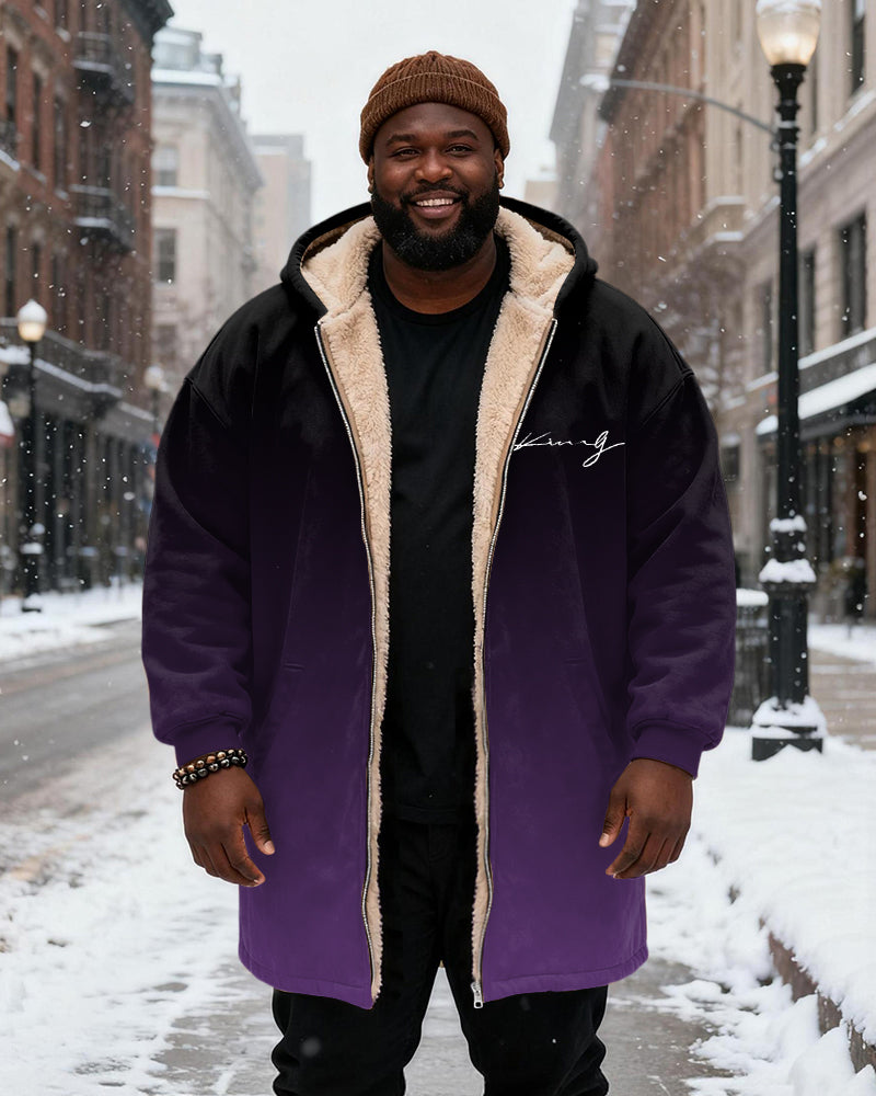 Big & Tall Men's Gradient King Alphabet Printed Velvet Thickened Long Hooded Exterior