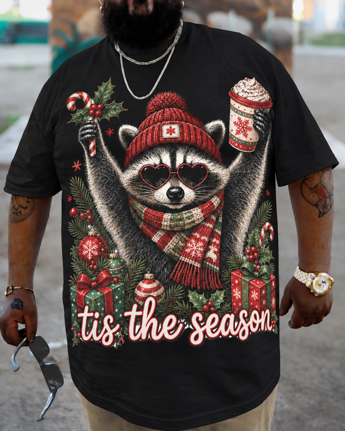 Big & Tall Men's Christmas Funny Raccoon Retro Animal Cotton T-Shirt