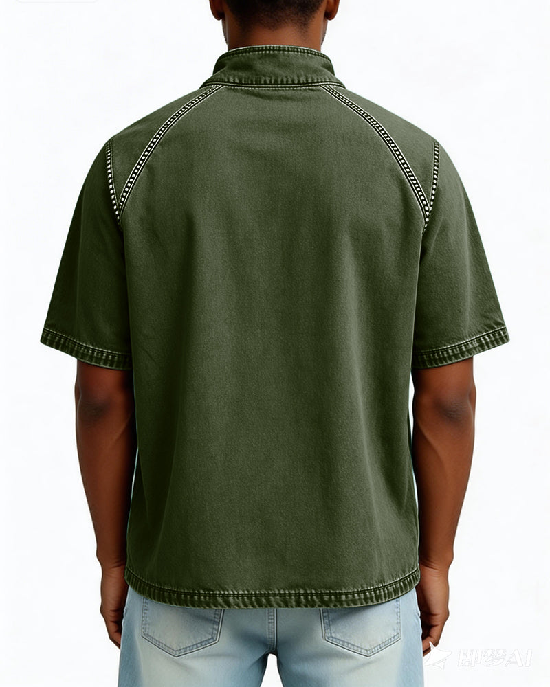 S-4XL Solid Color American Style Wash Pure Cotton Half Zip Short Sleeve Polo Shirt