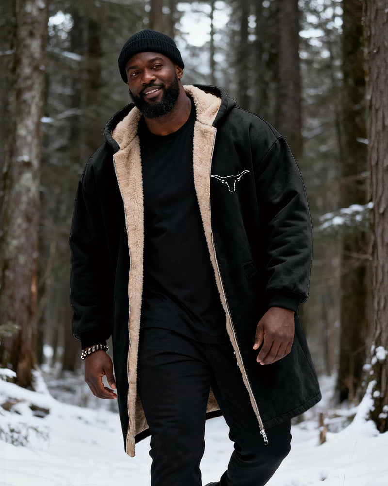 Big & Tall Men's Hunting Style Bull Totem Print Velvet Thickened Long Hooded Coat