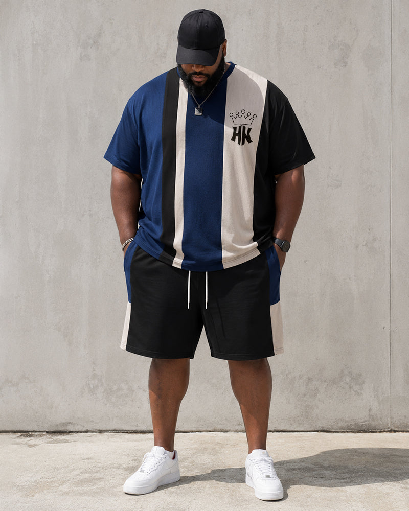 Big & Tall Men's Blue And White Vertical Stripe Crown Printed Round Neck Short Sleeve T-Shirt Shorts Set