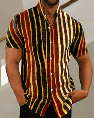 Big & Tall Men's Retro Color-blocked Stripes Print Henry Collar Short Sleeve Shirt