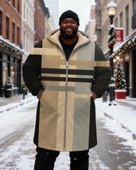 Big & Tall Men's Brown Black Grey Geometric Patchwork Printed Velvet Thickened Long Hooded Coat