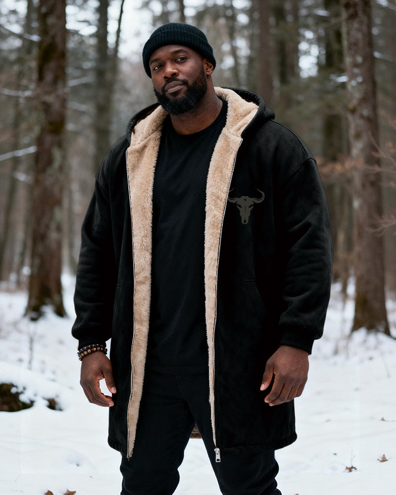 Big & Tall Men's Hunting Style Bull Totem Print Velvet Thickened Long Hooded Coat