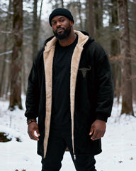 Big & Tall Men's Hunting Style Bull Totem Print Velvet Thickened Long Hooded Coat