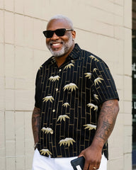 Big & Tall Men's Daily Leisure. High-grade Irregular Bamboo Forest Printed Shirt Shorts Suit