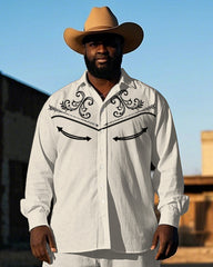 Big Guy's Western Cowboy Style Simple Embroidery Printed Casual Long Sleeve Shirt Pants Set