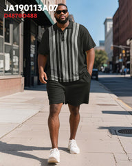 Men's Plus Size Business Black Stripe Print Short Sleeve Polo Shirt Shorts Suit