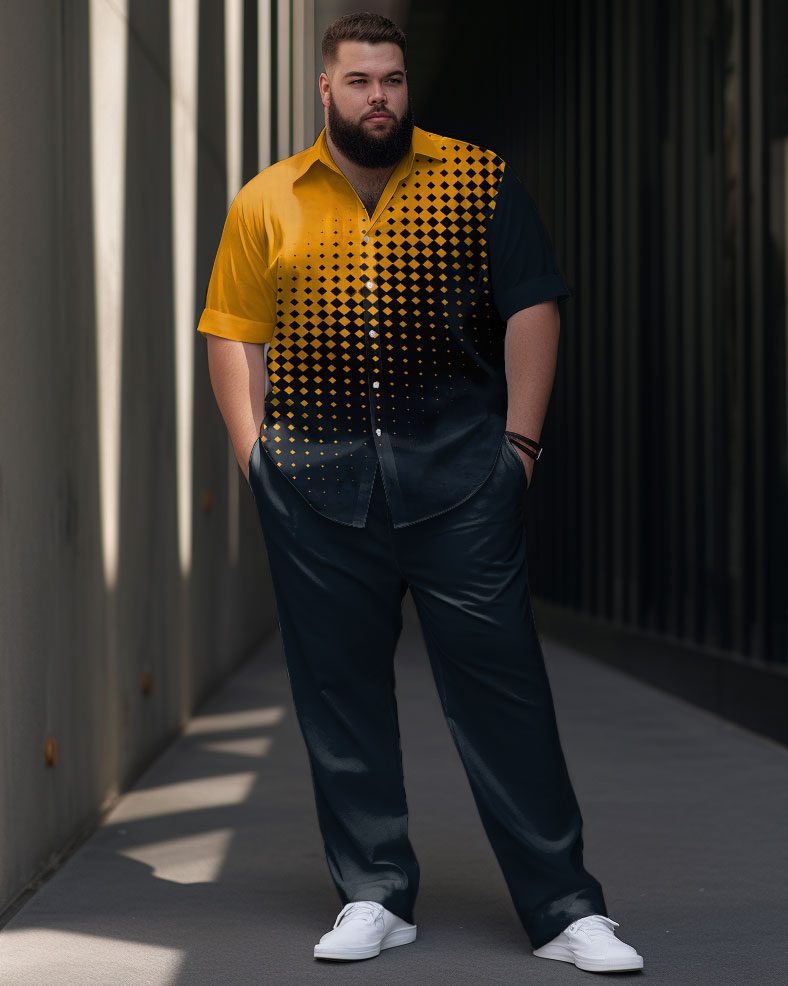 Men's Large Size Gradient Geometric Pattern Short Sleeve Shirt Trousers Set