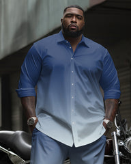 Men's Plus Size Versatile Single Color Gradient Long Sleeve Lapel Shirt 2 Piece Set