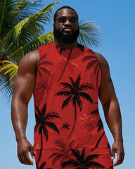 Big Men's Tropical Coconut Trees All Over Printed Hawaiian Red Vest and Shorts Set