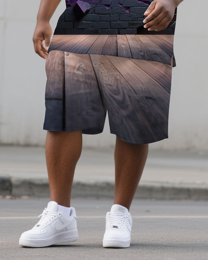 Big Men's Purple PRISON WALLS Lettering Casual Streetwear Short-Sleeve Polo Shirt Shorts Set
