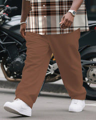 Men's Plus Size Business Brown Classic Plaid Print Short Sleeve Shirt Trousers Suit