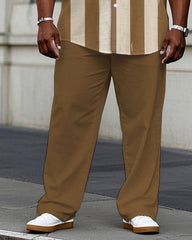 Men's Plus Size Business Khaki Thick Striped Short Sleeve Shirt Trousers Suit