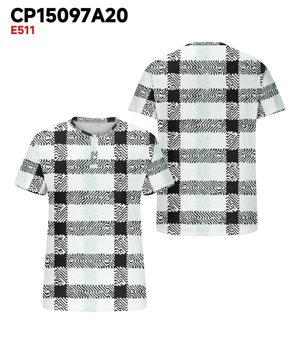 Men's Plus Size Black And White Check Print Henry Collar Button Short Sleeve T-shirt