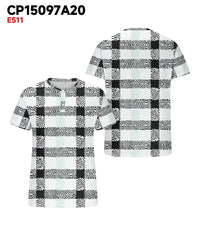 Men's Plus Size Black And White Check Print Henry Collar Button Short Sleeve T-shirt