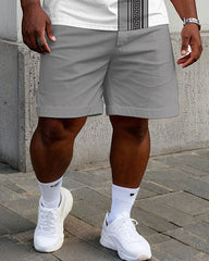 Men's Plus Size Casual Fashion White & Grey Patchwork Printed Short-sleeved T-shirt Shorts Suit