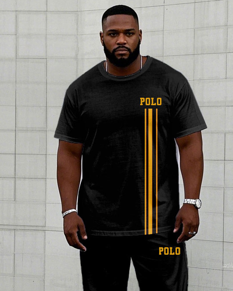 Men's Plus Size Black Slim-fit Chest Small Label Printed Short-sleeved T-shirt Trousers Suit