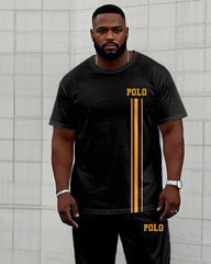 Men's Plus Size Black Slim-fit Chest Small Label Printed Short-sleeved T-shirt Trousers Suit
