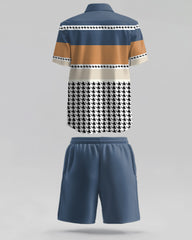 Men's Plus Size Men's Contrast Houndstooth Polo Print hort sleeve shirt shorts suit