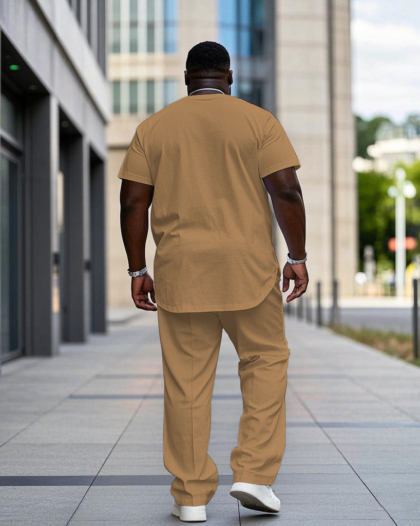 Men's Plus Size Khaki Color Block Logo Print Short-sleeved T-shirt Trousers Suit