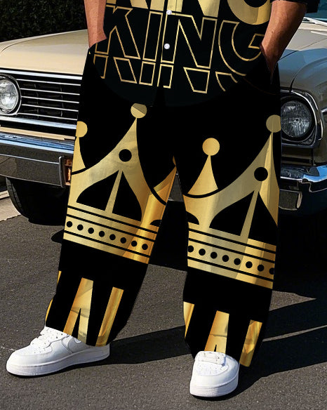 Big Men's Street Style KING Crown Printed Outdoor long Sleeve Shirt Pants 2-Piece Set