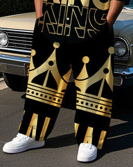 Big Men's Street Style KING Crown Printed Outdoor long Sleeve Shirt Pants 2-Piece Set