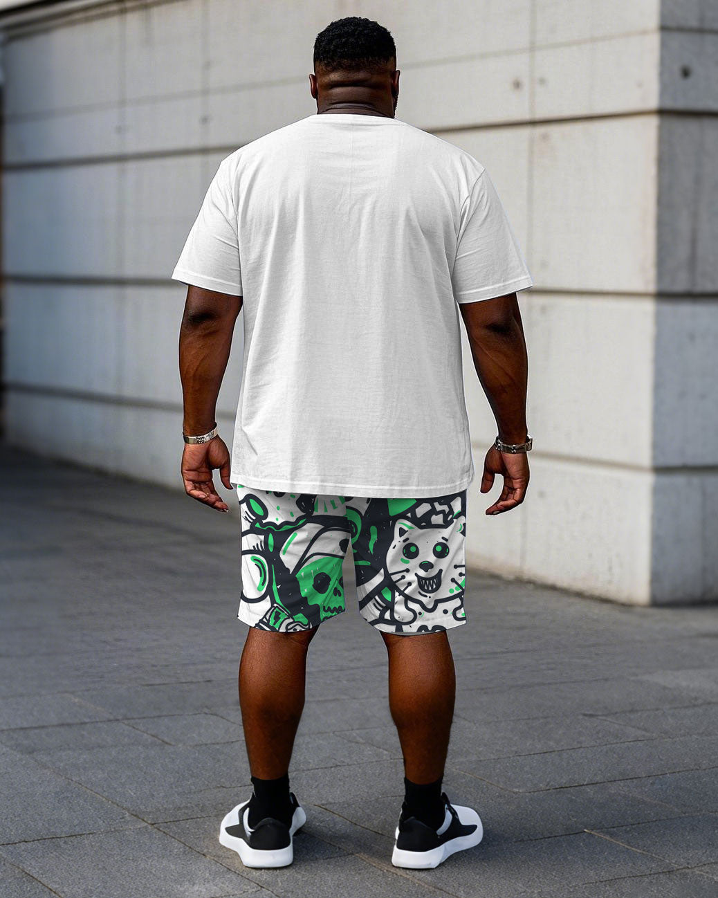 Men's Plus Size Street Fashion "Respect" Slogan Hand Brush Printed Short Sleeve T-Shirt Shorts Suit