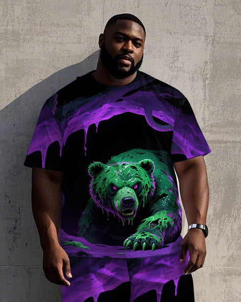 Big Men's Fear Bear Bold Printed Street Fashion Short Sleeve T-Shirt Shorts 2-piece Set