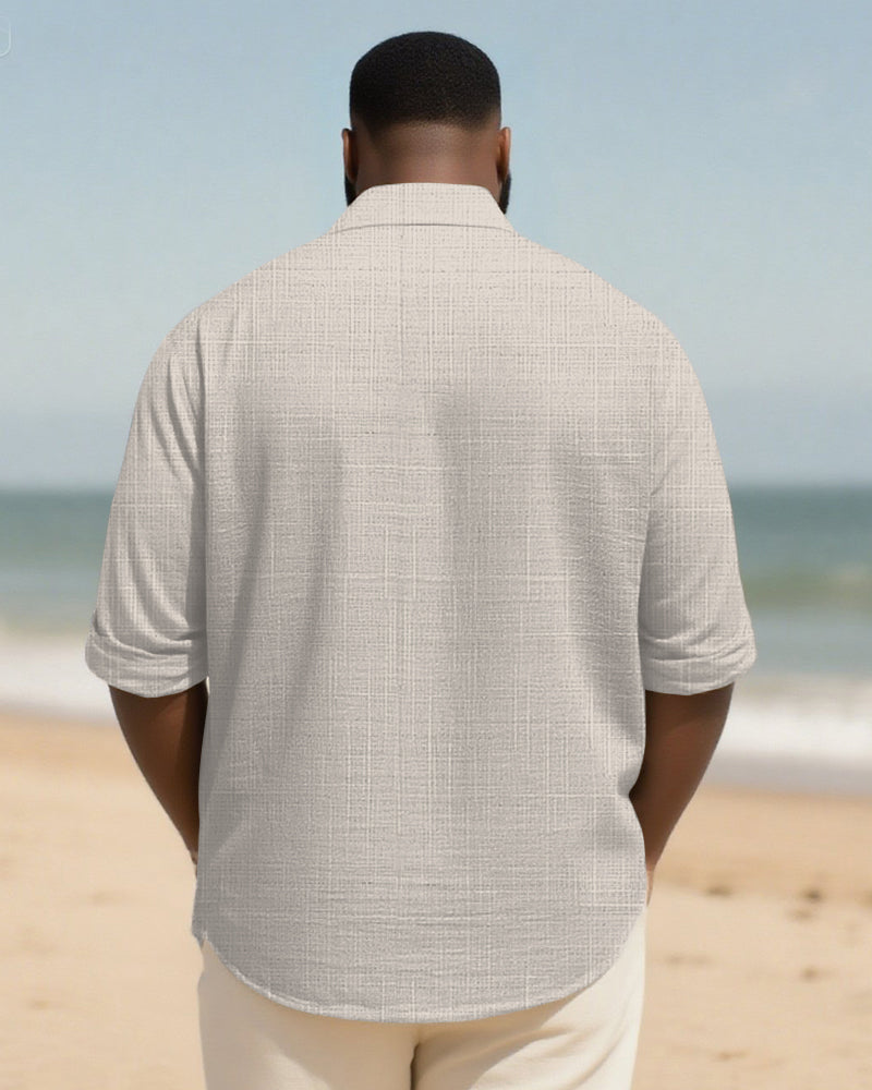 Big & Tall Men's Daily Apricot Striped Print Long Sleeve Bamboo Hemp Texture Shirt
