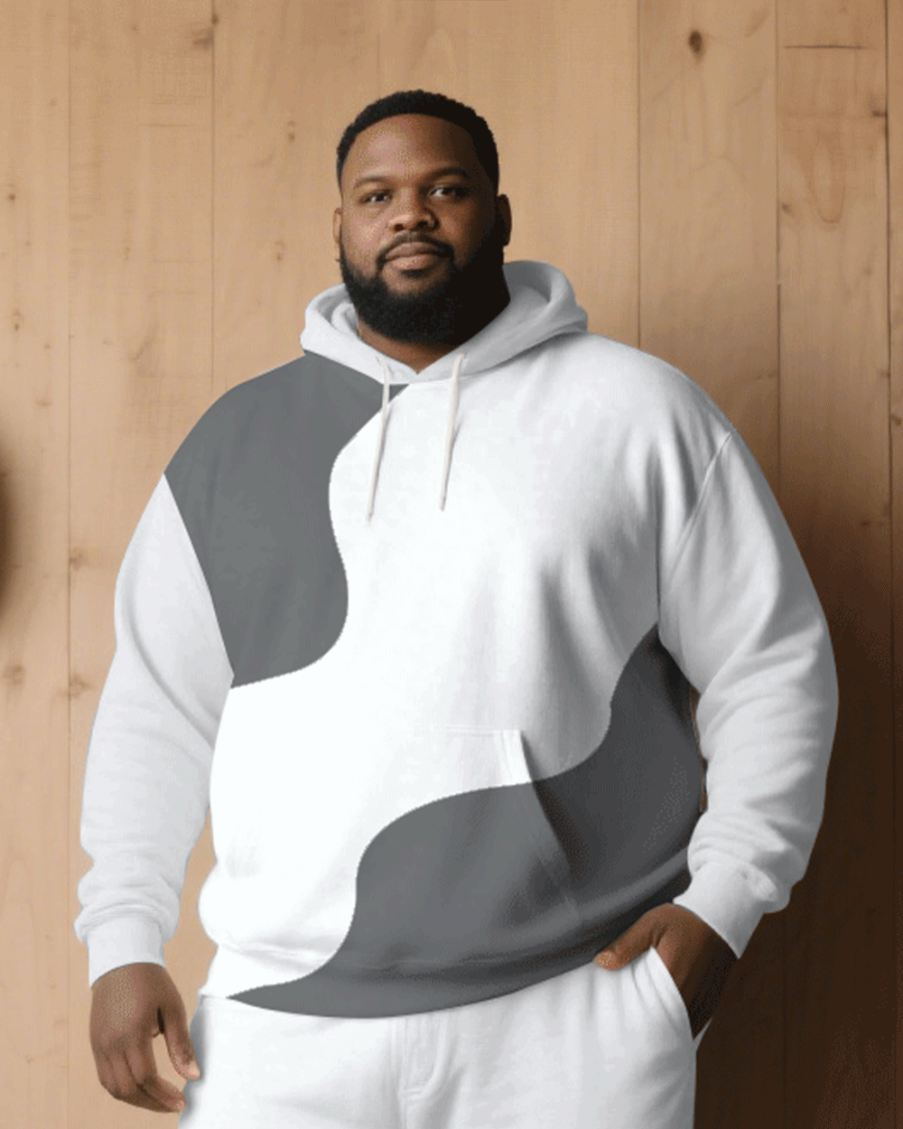 Big & Tall Men Fall/Winter Casual White & Grey Alien Patchwork Printed Hoodie Suit