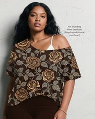 Women's Plus Size Daily Casual Retro Brown Rose Print Short Sleeve Shorts Suit