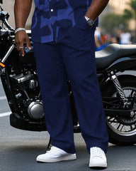 Men's Plus Size Sapphire Blue Irregular Geometric Jacquard Craft Printed Short Sleeve Shirt Trousers Suit