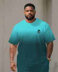 Big & Tall Men Dark Green & Fluorescent Blue Gradient Contrast Crewneck Short Sleeve T-shirt Shorts Suit