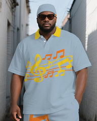 Big and Tall Men's Simple Music Note Printed Casual Short-Sleeve Polo Shirt Shorts Set