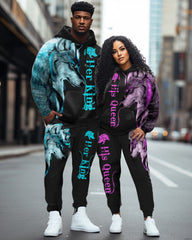 Couple Plus Size Wolf Hoodie & Sweatpants Set "She Keeps Me Wild-He Keeps Me Safe"