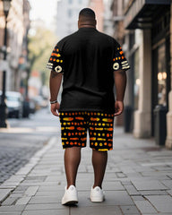 Men's Plus Size Black Orange Geometric Print Short Sleeve T-Shirt Shorts Suit