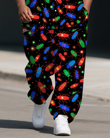 Men's Big and Tall Cartoon World Colorful Beetle Printed Casual Short-Sleeve Shirt Pants Sets