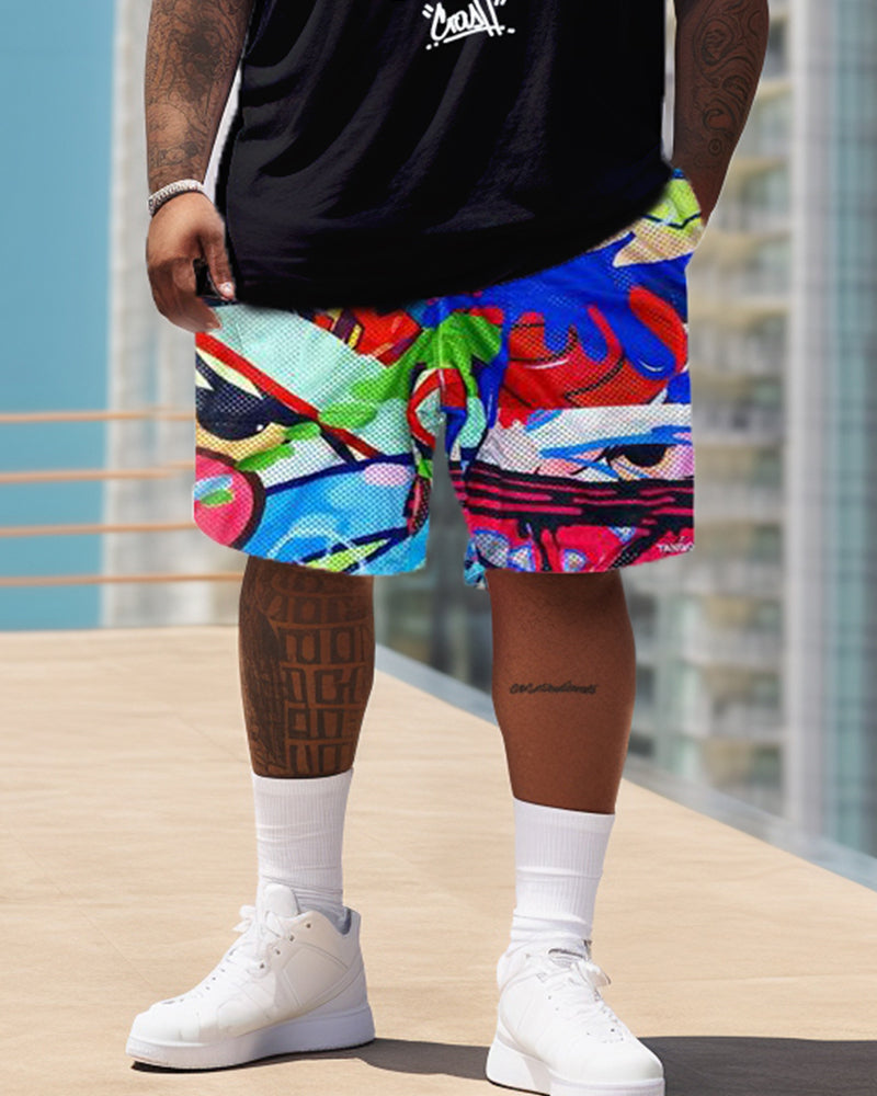 Street Style Graffiti Color Blocking Patchwork Printed Large Men's Set