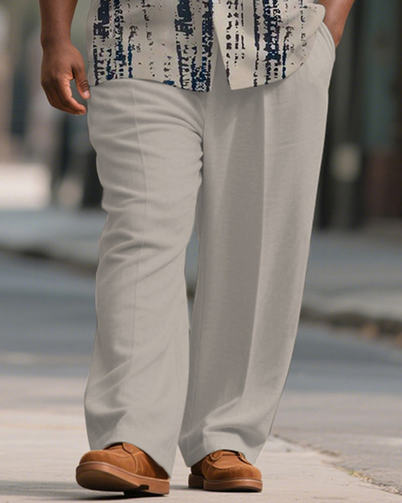 Men's Plus Size Simple Grey Abstract Stroke Print Short-sleeved Shirt Trousers Suit