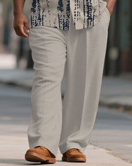 Men's Plus Size Simple Grey Abstract Stroke Print Short-sleeved Shirt Trousers Suit