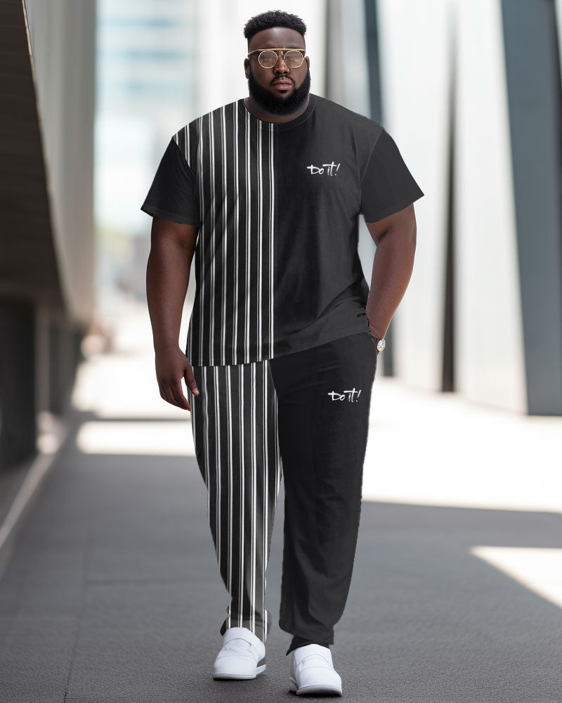 Men's Large Street Simple Retro Striped Color Matching Casual Two-piece Set