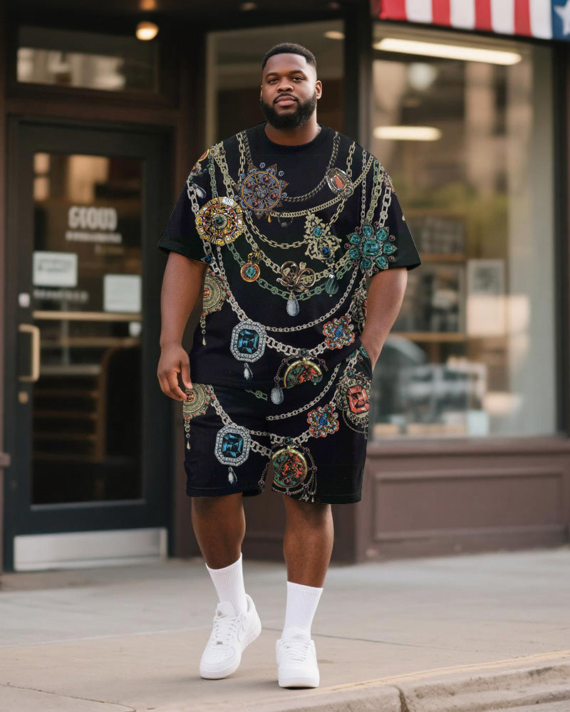 Big & Tall Men's Black Retro Luxury Chain Printed Round Neck Short Sleeve T-Shirt Shorts Suit