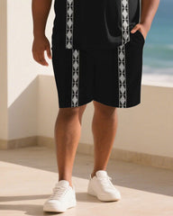 Big & Tall Men Black Geometric Symmetrical Pattern Printed Round Neck Short Sleeve T-Shirt Shorts Suit